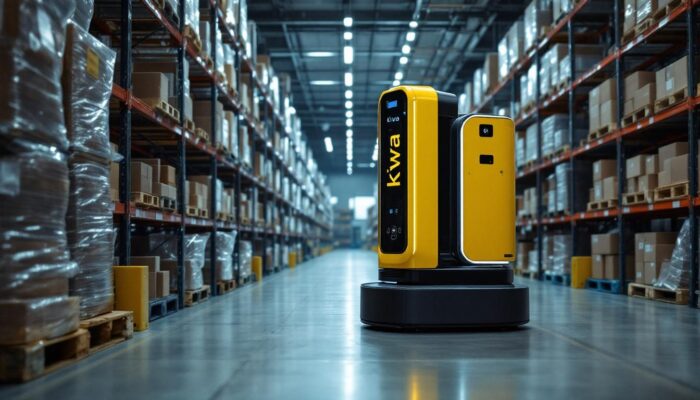 A photograph of a kiva robot in action within a warehouse setting