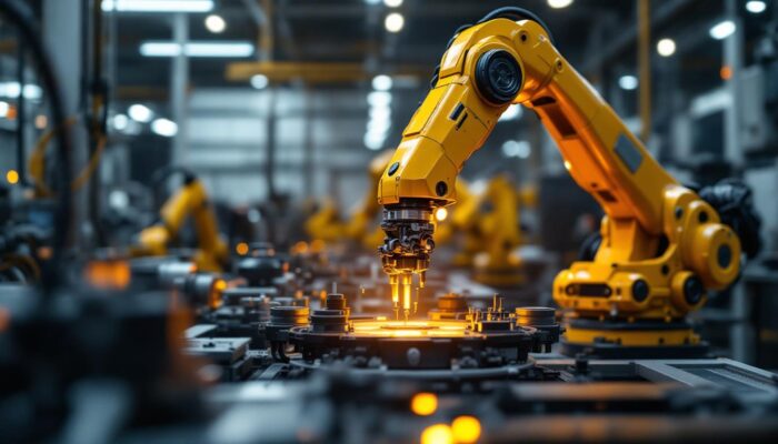 A photograph of capture a photograph of a sleek industrial robotic arm in action