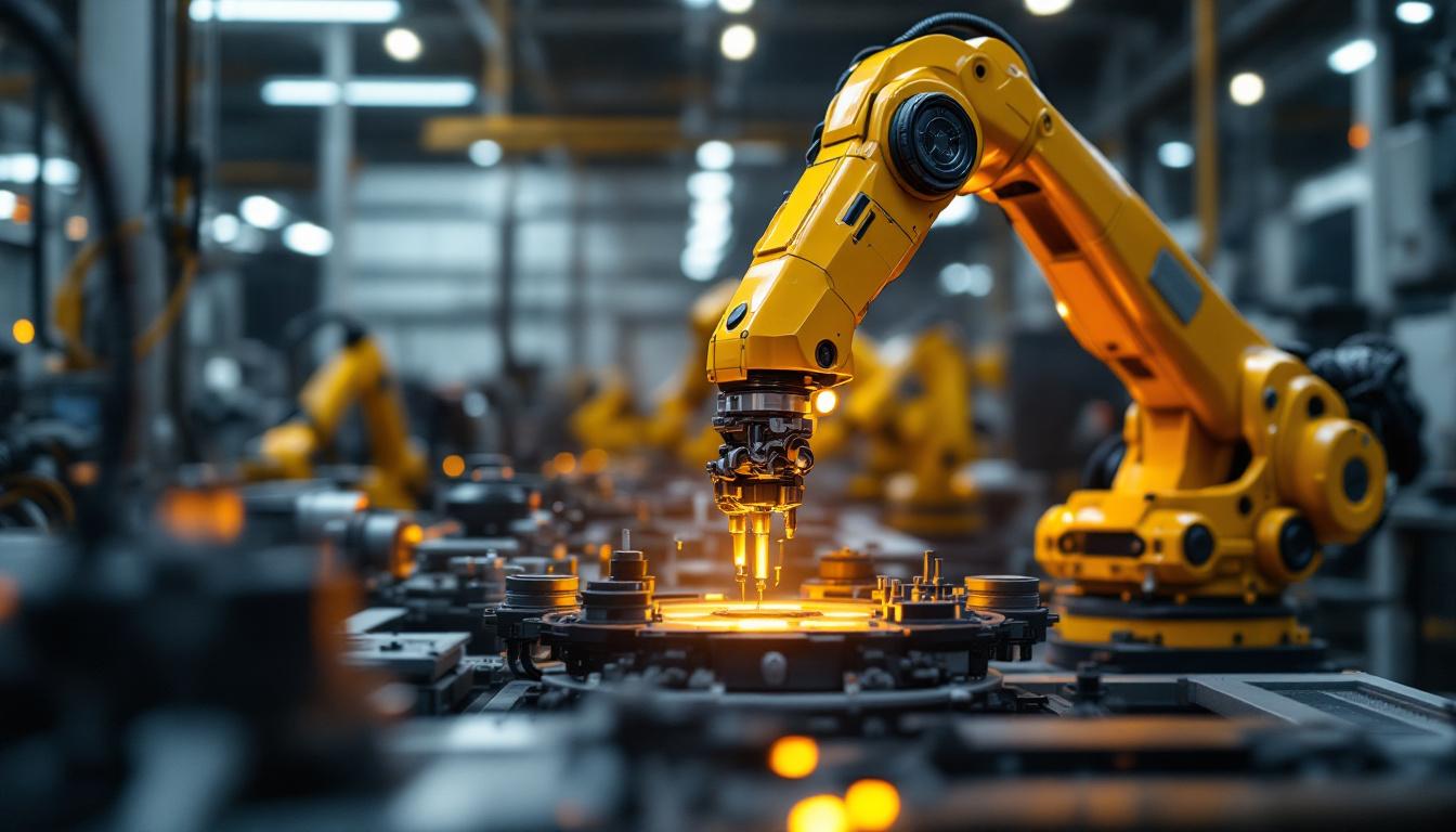A photograph of capture a photograph of a sleek industrial robotic arm in action