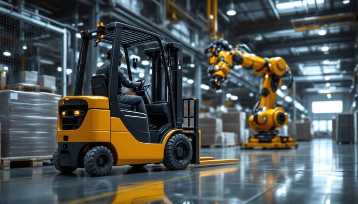 A photograph of a modern industrial warehouse setting featuring a sleek forklift in action