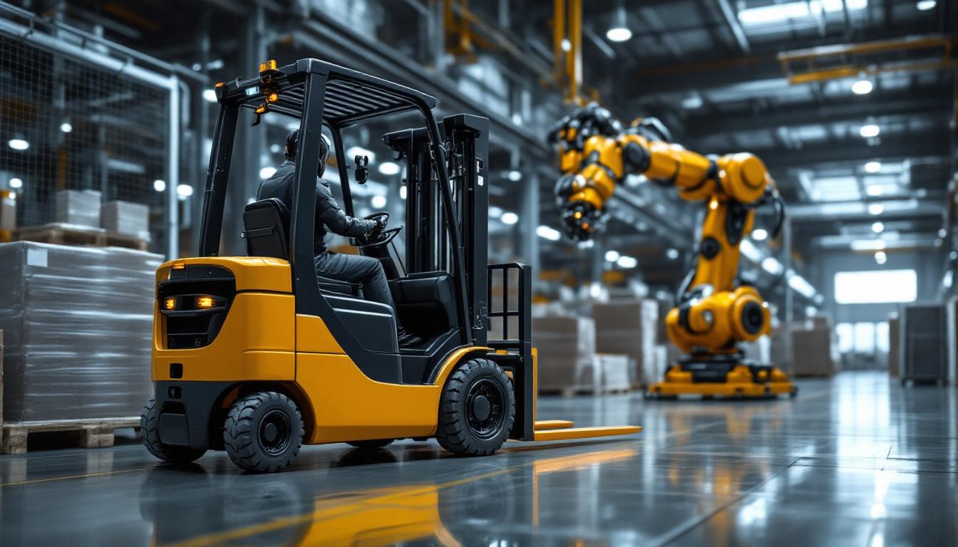 A photograph of a modern industrial warehouse setting featuring a sleek forklift in action