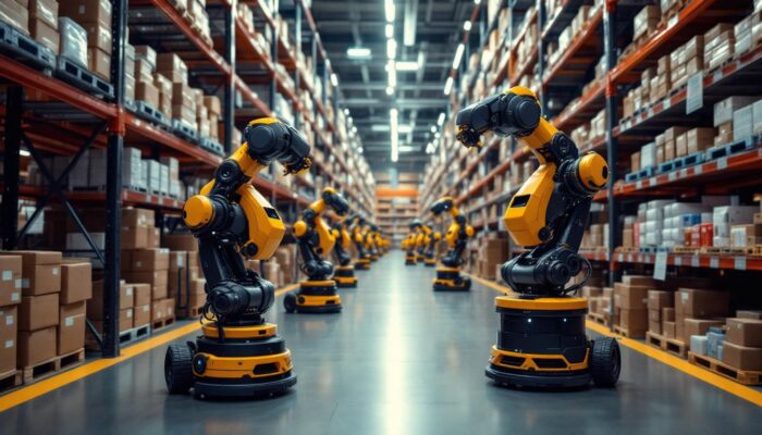 A photograph of a futuristic warehouse scene showcasing industrial robots in action