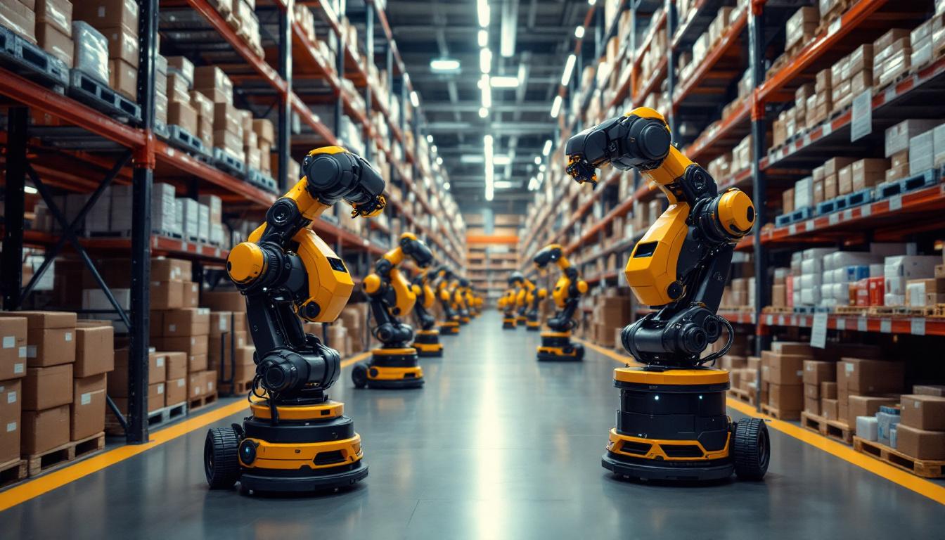 A photograph of a futuristic warehouse scene showcasing industrial robots in action