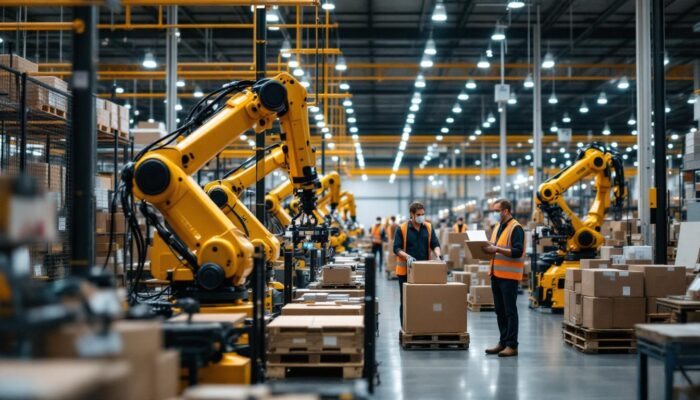 A photograph of a bustling amazon warehouse interior