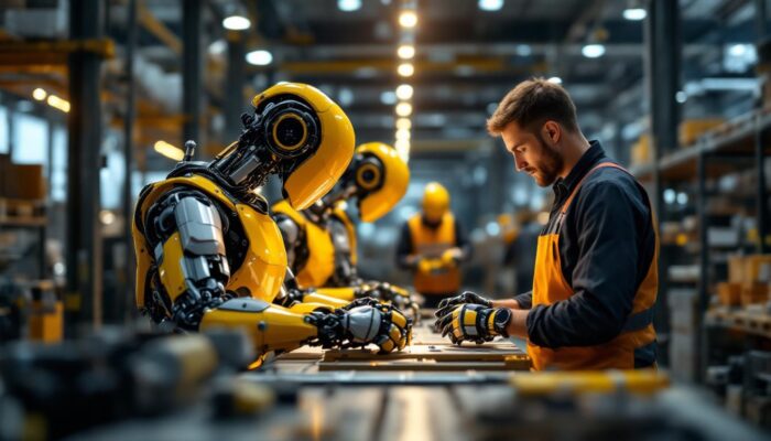A photograph of a modern warehouse setting where industrial robots are actively working alongside human employees
