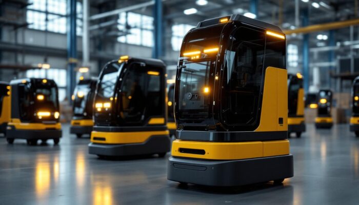 A photograph of capture a photograph of a variety of automated guided vehicles (agvs) in an industrial setting