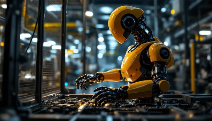 A photograph of a sleek industrial robot in action