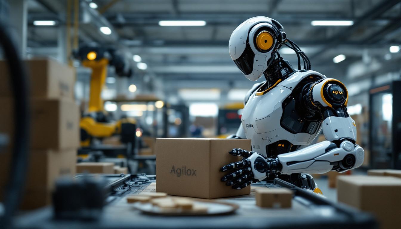 A photograph of a sleek agilox industrial robot in action within a modern warehouse setting