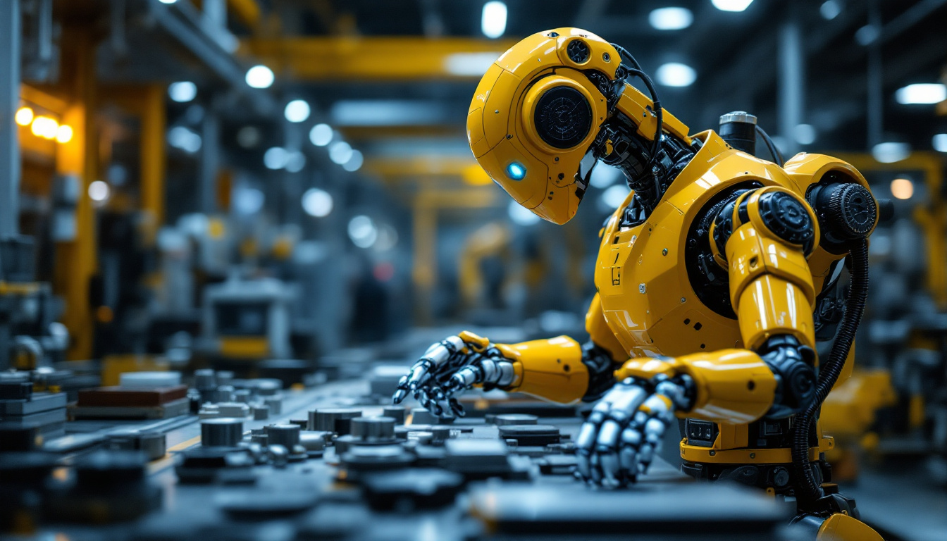 A photograph of a sleek industrial robot in action on a factory floor