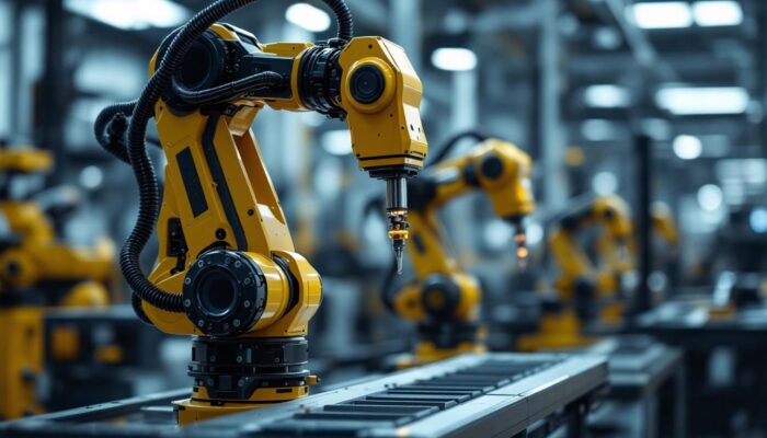 A photograph of a sleek and modern industrial robotic arm in action