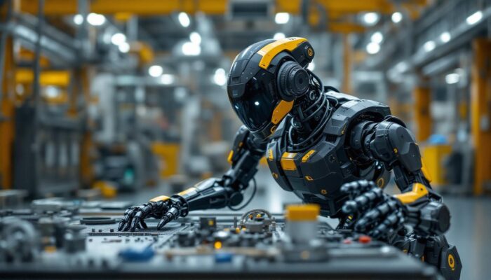 A photograph of a boston dynamics robot in an industrial setting