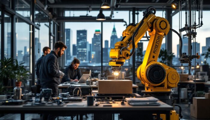 A photograph of a dynamic industrial robotics workspace in boston