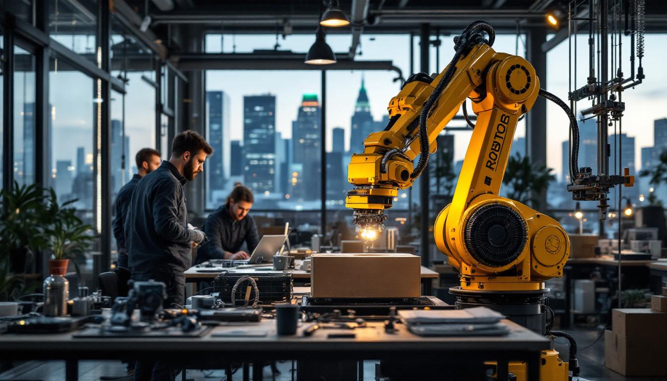 A photograph of a dynamic industrial robotics workspace in boston