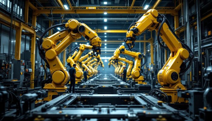 A photograph of a dynamic industrial setting showcasing a variety of advanced robotic arms in action