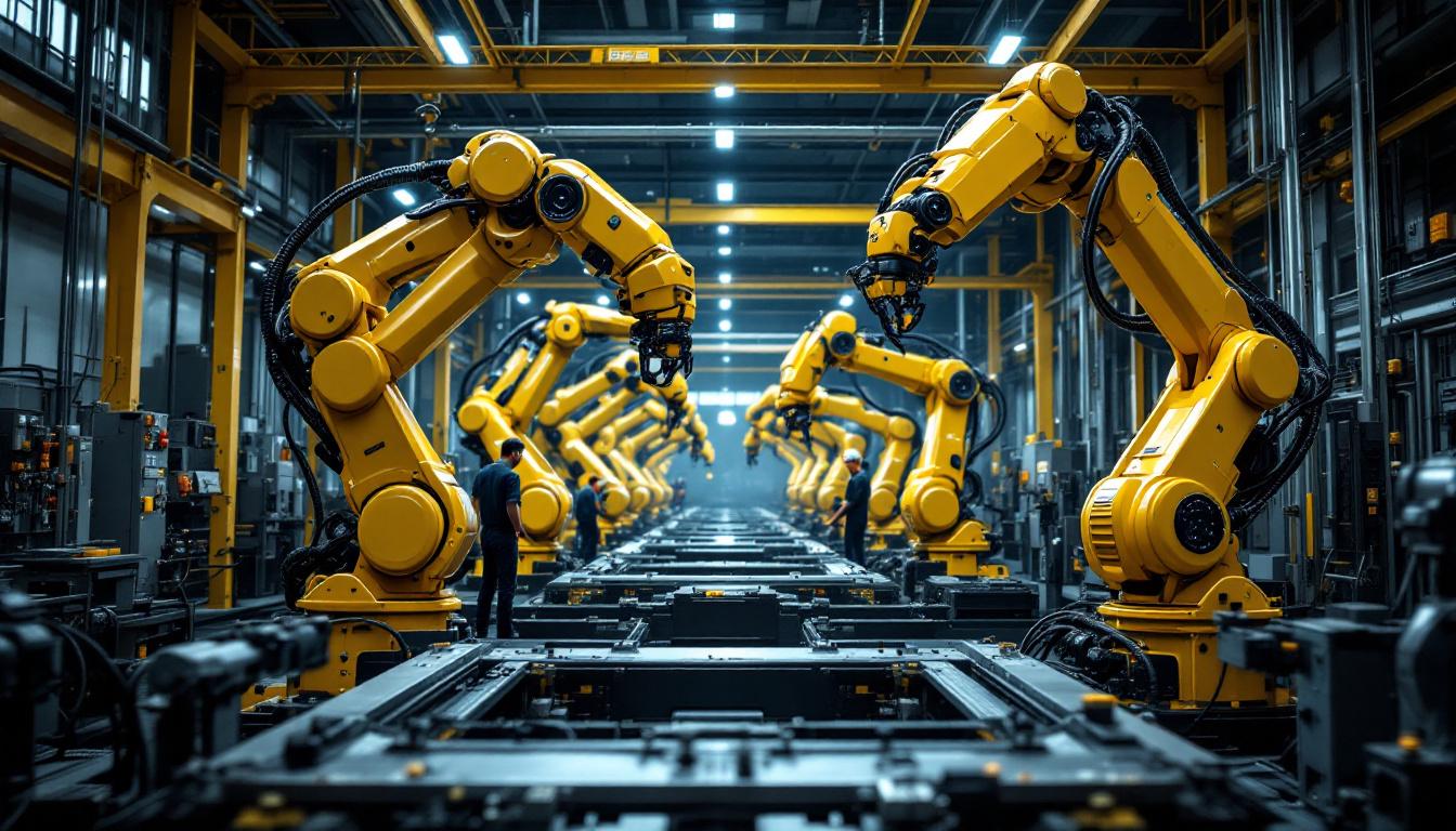 A photograph of a dynamic industrial setting showcasing a variety of advanced robotic arms in action