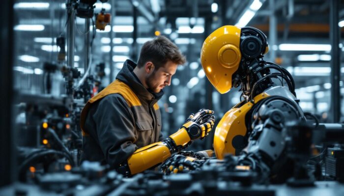 A photograph of a collaborative robot (cobot) working alongside a human operator in a modern manufacturing environment