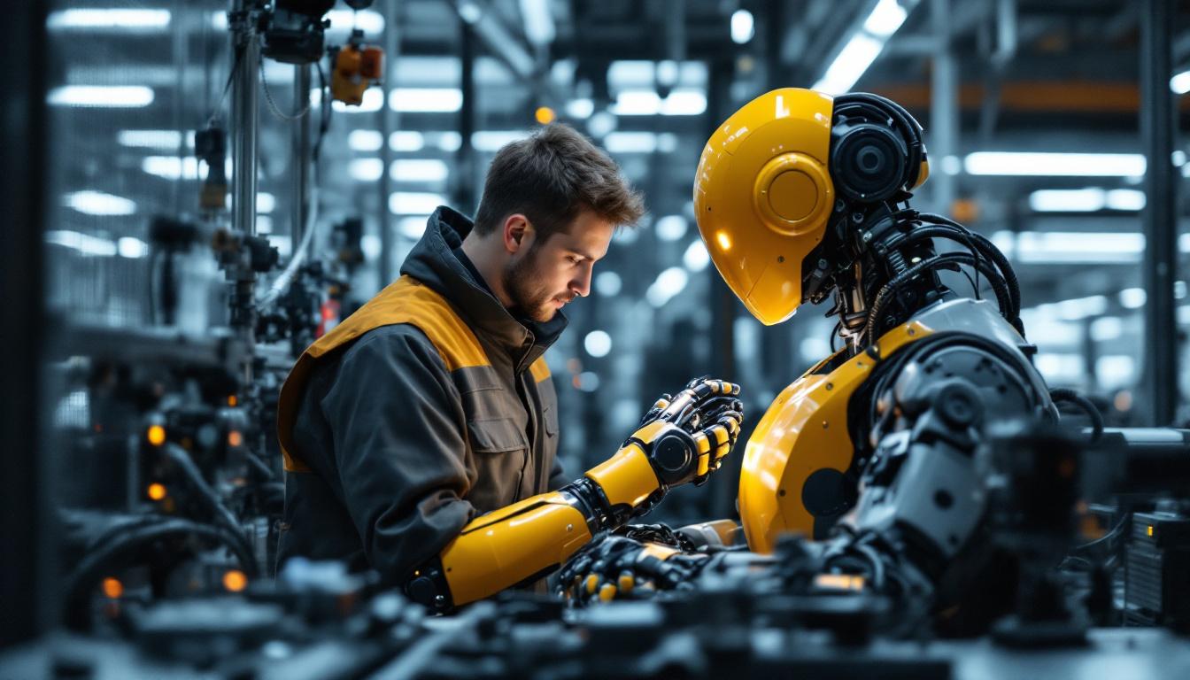 A photograph of a collaborative robot (cobot) working alongside a human operator in a modern manufacturing environment