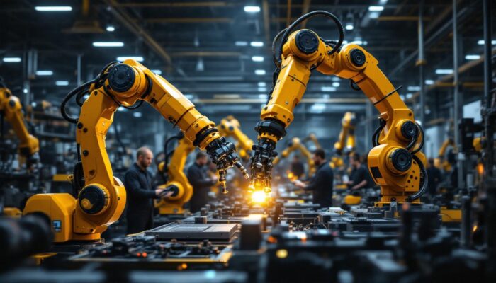 A photograph of a dynamic industrial robotics workspace in chicago