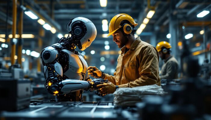 A photograph of a sleek industrial robot in action within a modern manufacturing environment