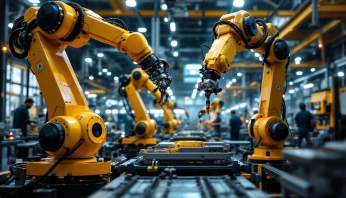 A photograph of a highly automated industrial workspace featuring advanced robotic arms in action