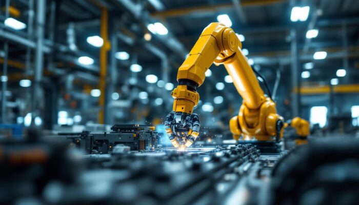 A photograph of a dynamic industrial setting featuring a robotic arm in action