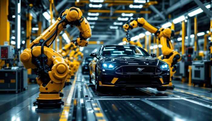 A photograph of capture a photograph of a modern automotive assembly line featuring advanced industrial robots working collaboratively on car production