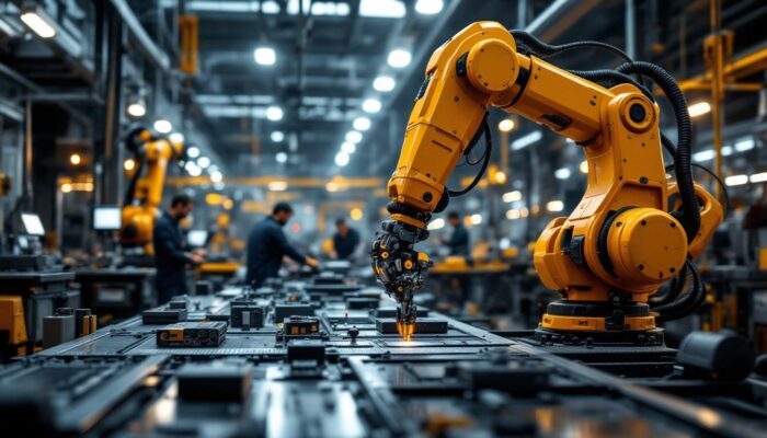 A photograph of a high-tech industrial setting featuring a robotic arm in action