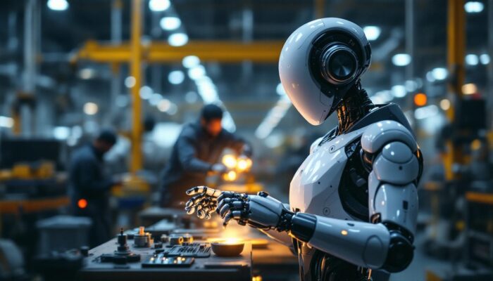 A photograph of a sleek industrial robot in action