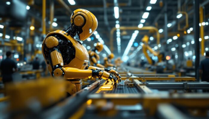 A photograph of a modern industrial robot in action on a production line