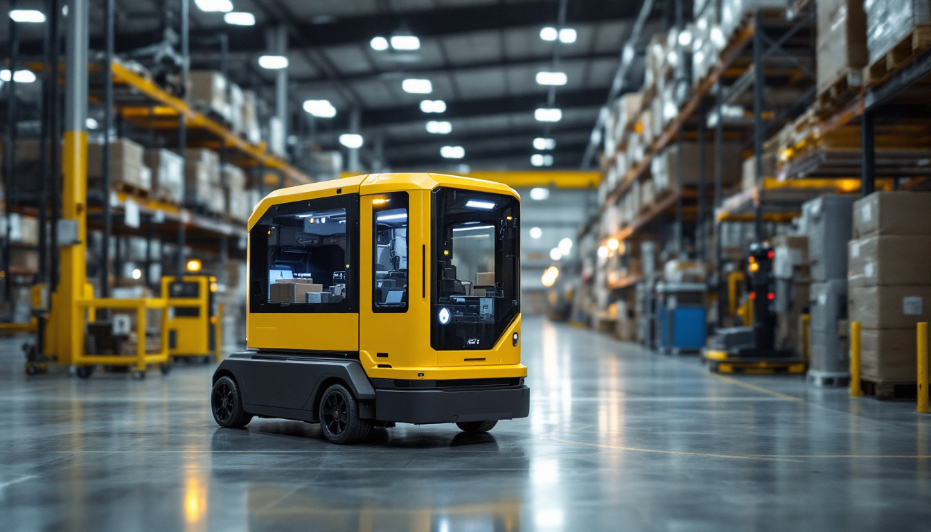 A photograph of capture a photograph of an automatic guided vehicle (agv) in action within an industrial setting