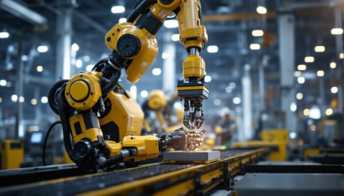 A photograph of a modern industrial robot in action within a saudi arabian manufacturing facility