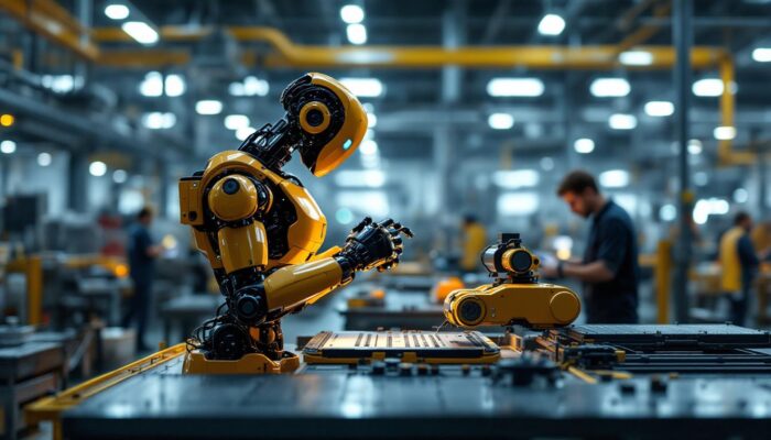 A photograph of a modern industrial robot in action on a factory floor