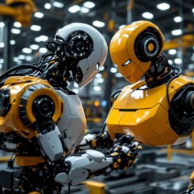 A photograph of a modern industrial robot in action within a manufacturing environment