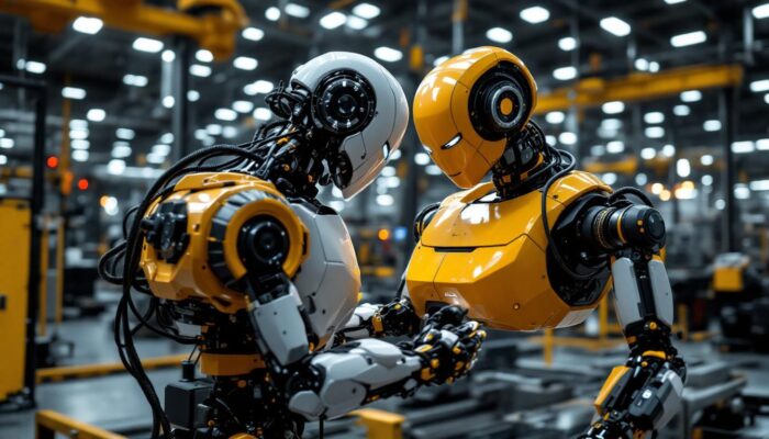A photograph of a modern industrial robot in action within a manufacturing environment