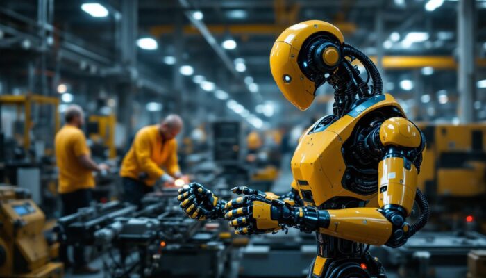 A photograph of a modern industrial robot in action within a manufacturing setting