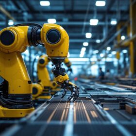 A photograph of a modern industrial robot in action on a factory floor