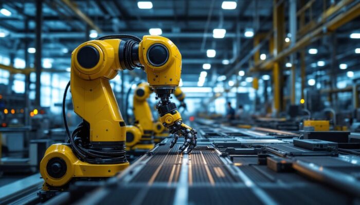A photograph of a modern industrial robot in action on a factory floor