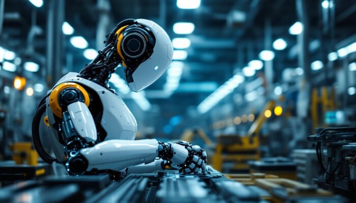 A photograph of a modern industrial robot in action within a manufacturing setting