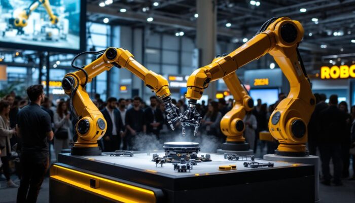 A photograph of a dynamic industrial robotics demonstration at the world robot conference 2024