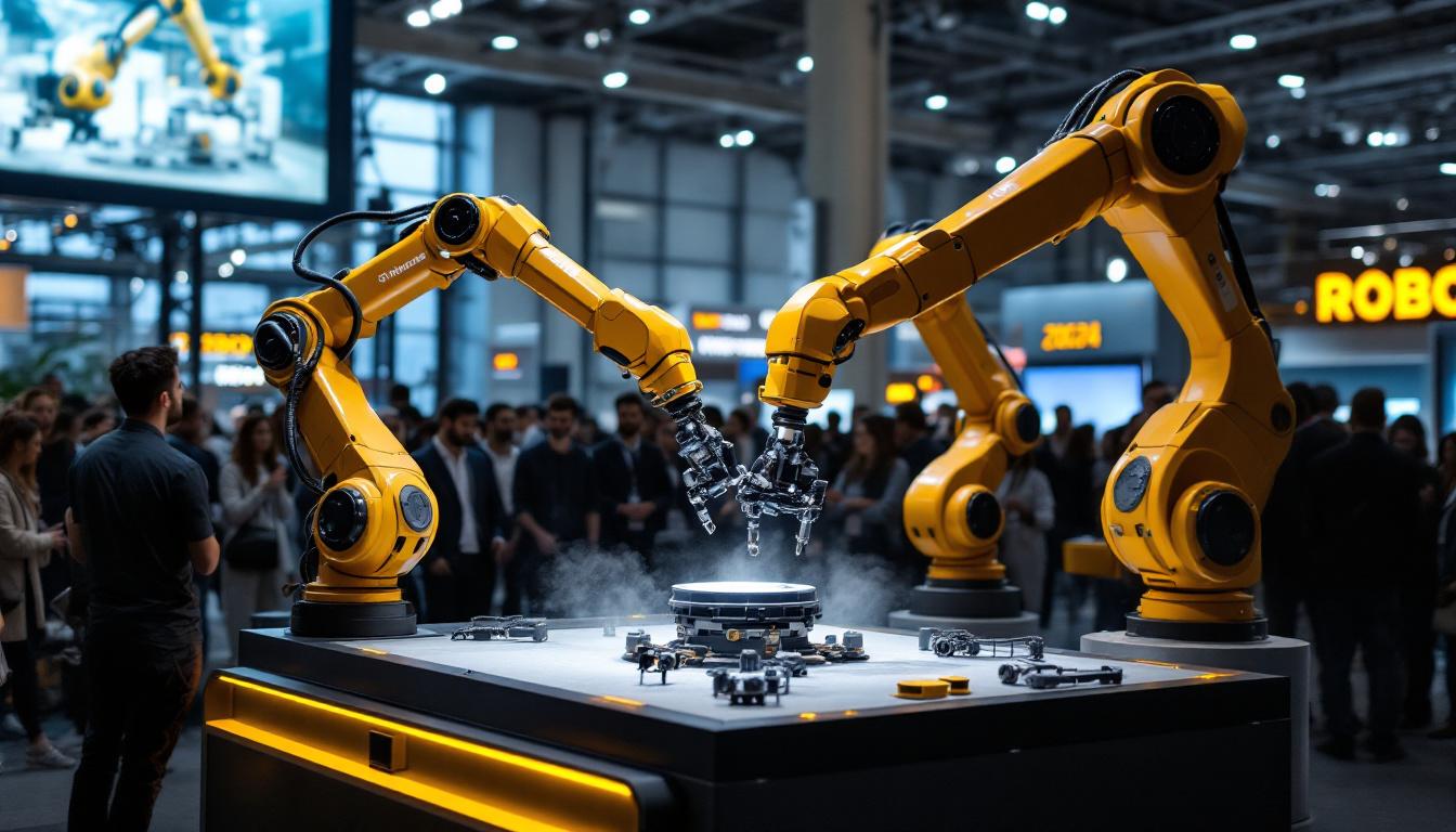 A photograph of a dynamic industrial robotics demonstration at the world robot conference 2024