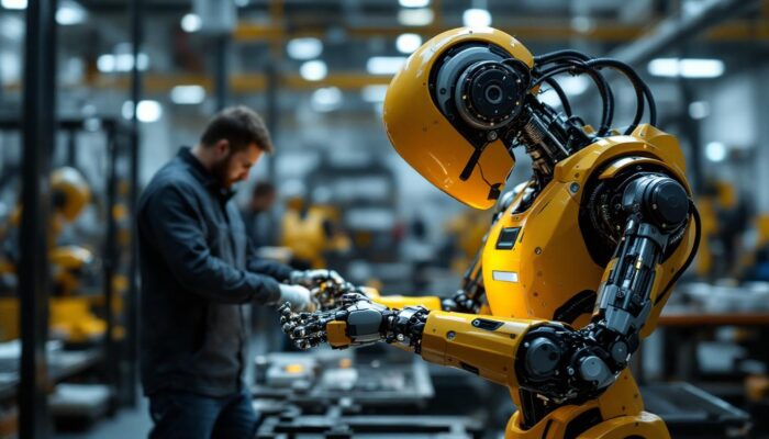 A photograph of a modern industrial robot in action within a manufacturing environment