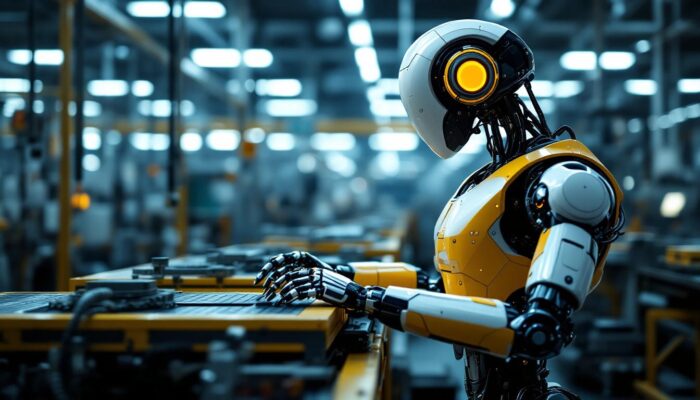A photograph of a modern industrial robot at work in a manufacturing setting