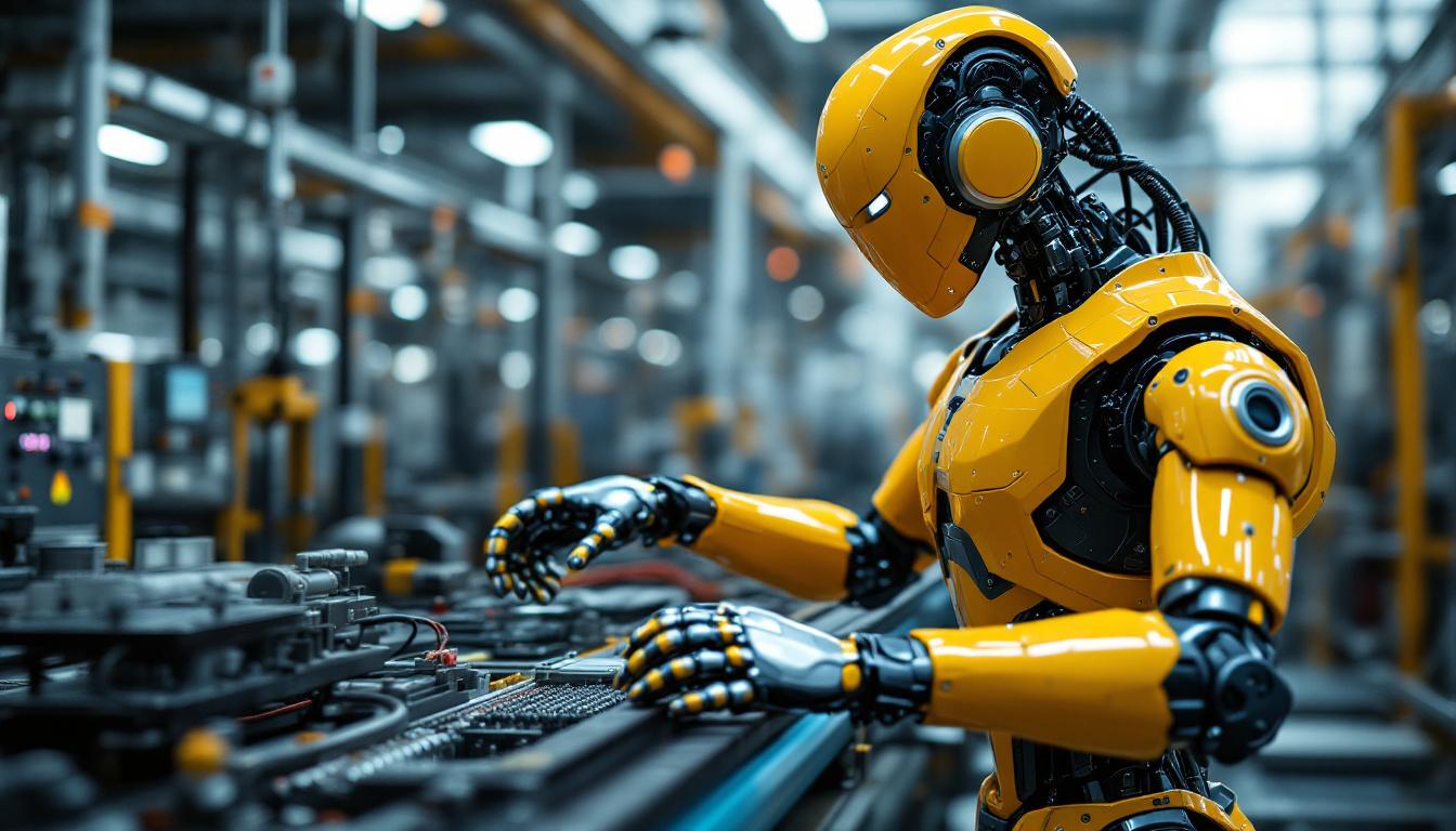 A photograph of a modern industrial robot in action within a manufacturing setting