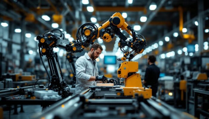 A photograph of a modern industrial robot in action on a factory floor