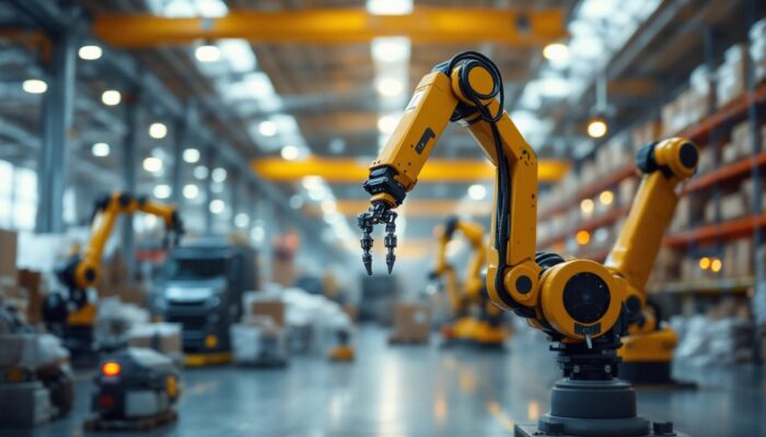 A photograph of a modern warehouse environment showcasing various industrial robots in action