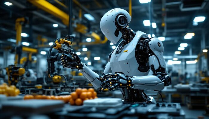A photograph of a sleek industrial robot in action on a factory floor