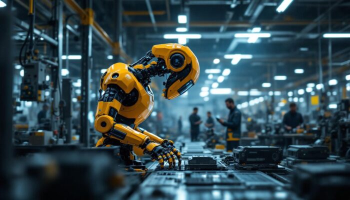 A photograph of a modern industrial robot in action on a factory floor