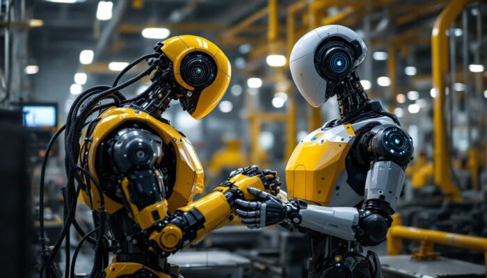 A photograph of a modern industrial robot in action within a uk manufacturing facility