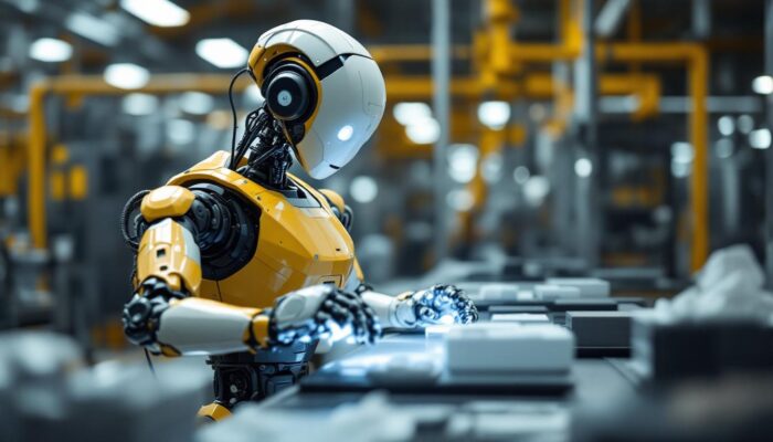 A photograph of a modern industrial robot in action within a manufacturing environment