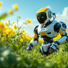 A photograph of a modern agricultural robot in action